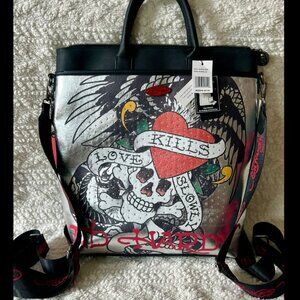 Ed Hardy Skull Tattoo Convertible Bag Love Kills Slowly Backpack/Tote NWT